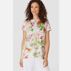 J.Jill Women Sz MEDIUM PETITE White Floral Foliage Linen Knit Crossover Hem Tee